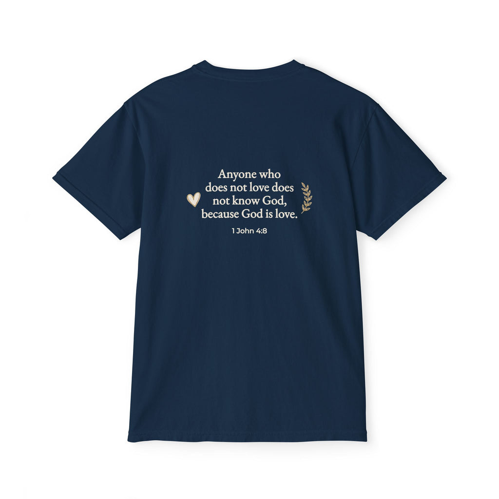 Pocket T-Shirt — 1 John 4:8 'God is Love' Inspirational Christian Tee