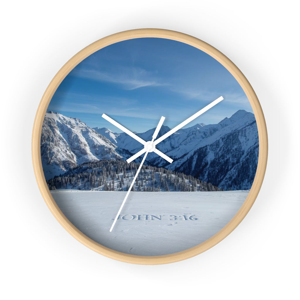 Mountain Snow Wall Clock — Scenic Alpine Landscape with 'John 3:16'