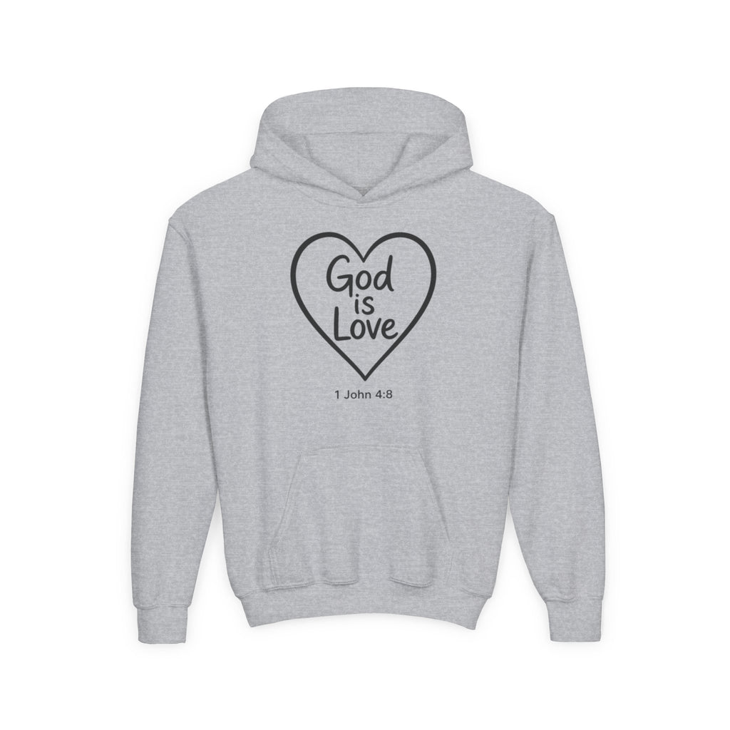 Youth Hoodie — "God Is Love" Heart Bible Verse (1 John 4:8)
