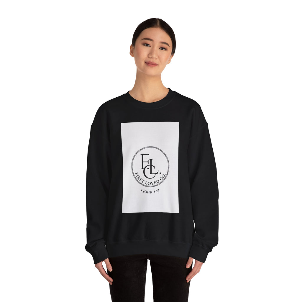 Crewneck Sweatshirt - First Loved Co. Logo with "1 John 4:19" Christian Apparel