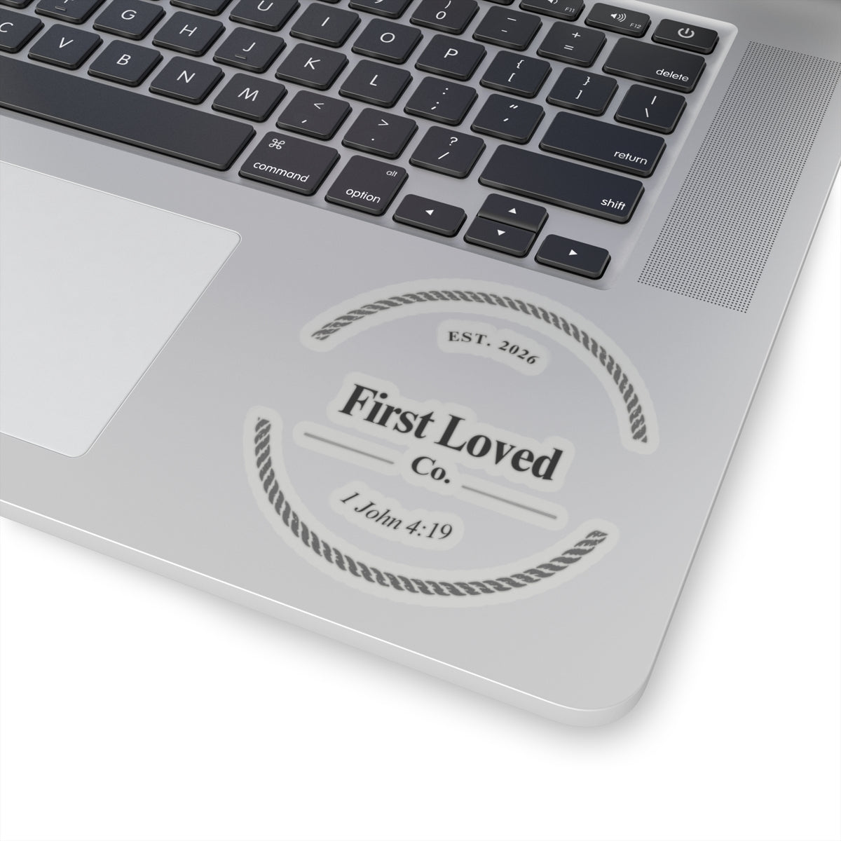 Faith Logo Kiss-Cut Sticker — 1 John 4:19 Minimal Vinyl Decal