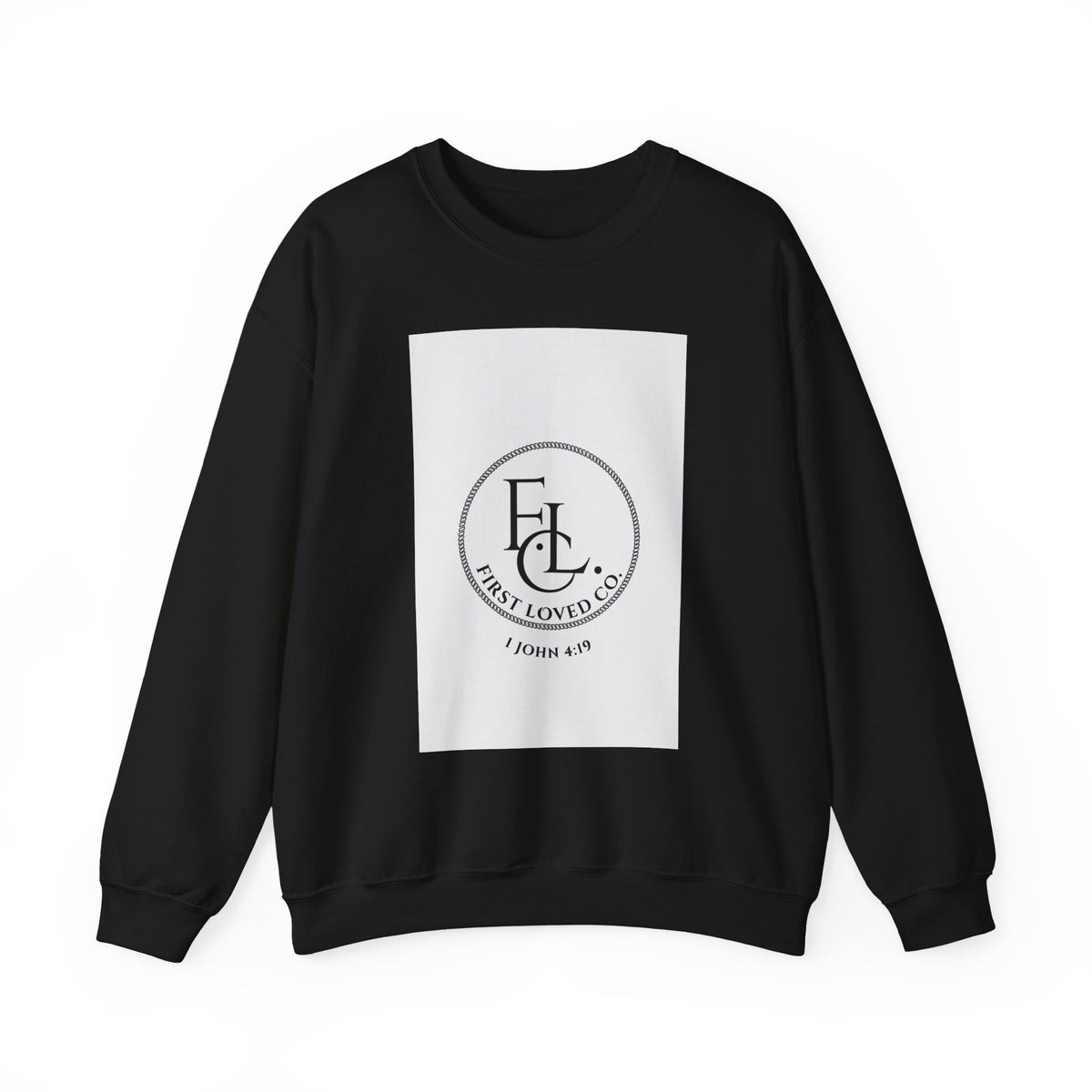Crewneck Sweatshirt - First Loved Co. Logo with "1 John 4:19" Christian Apparel