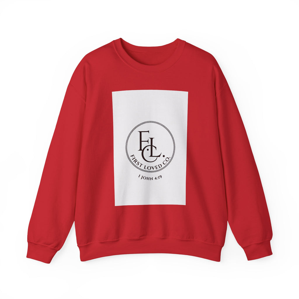 Crewneck Sweatshirt - First Loved Co. Logo with "1 John 4:19" Christian Apparel