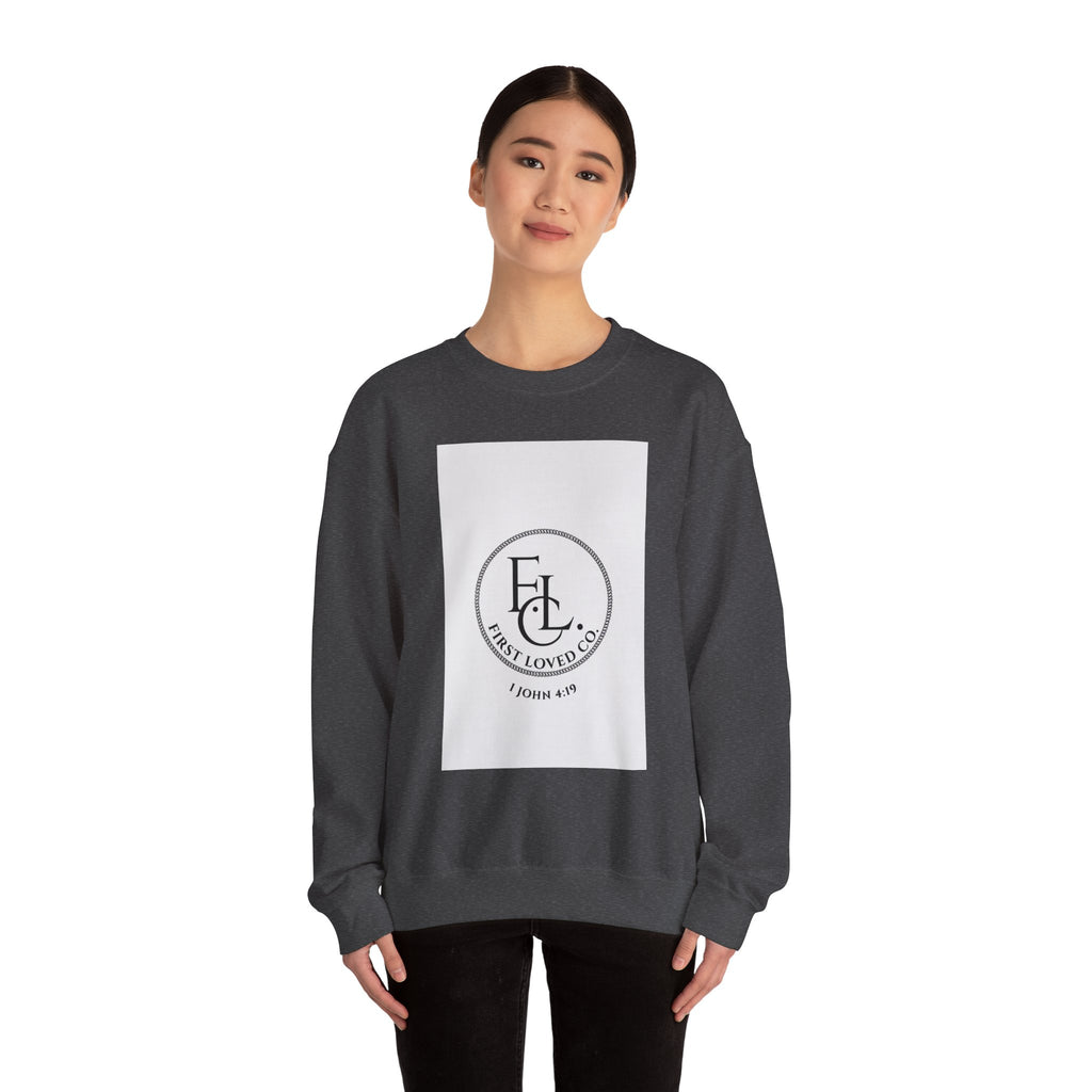 Crewneck Sweatshirt - First Loved Co. Logo with "1 John 4:19" Christian Apparel