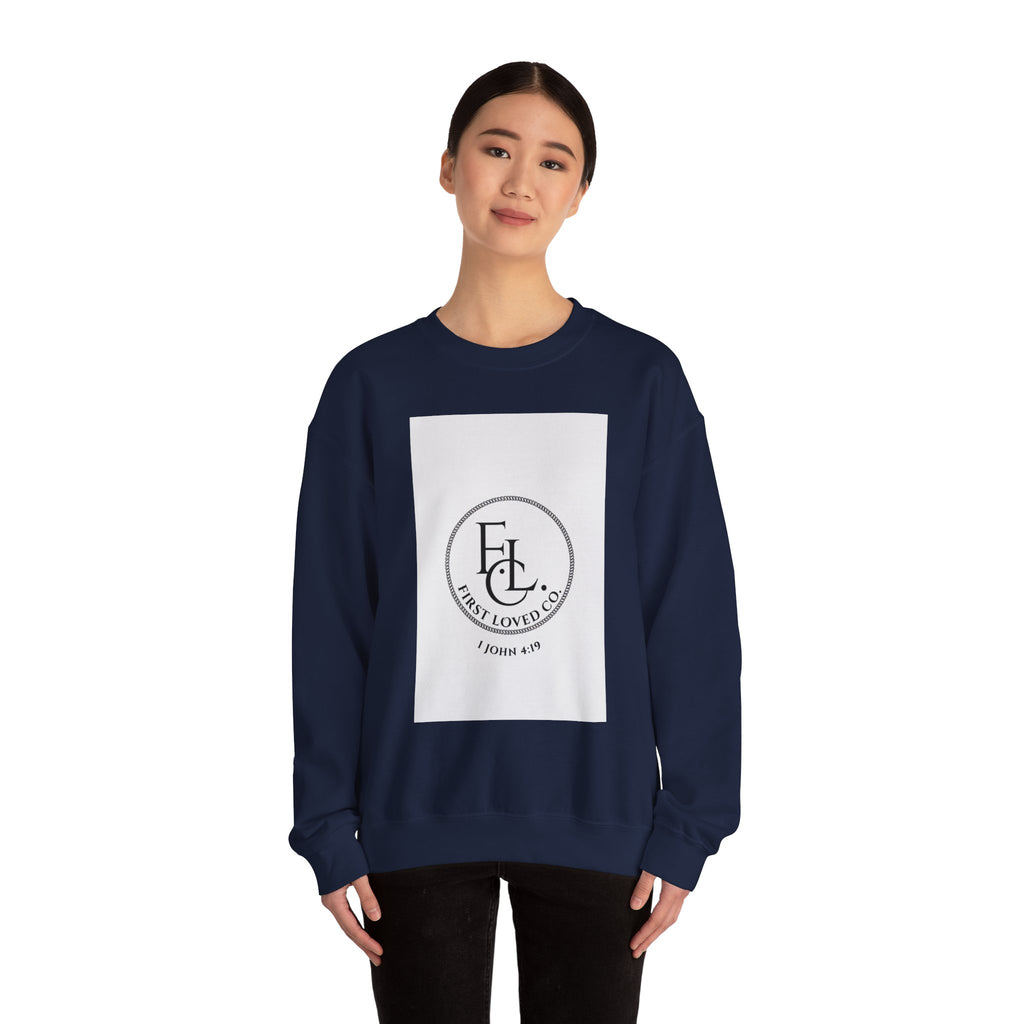 Crewneck Sweatshirt - First Loved Co. Logo with "1 John 4:19" Christian Apparel