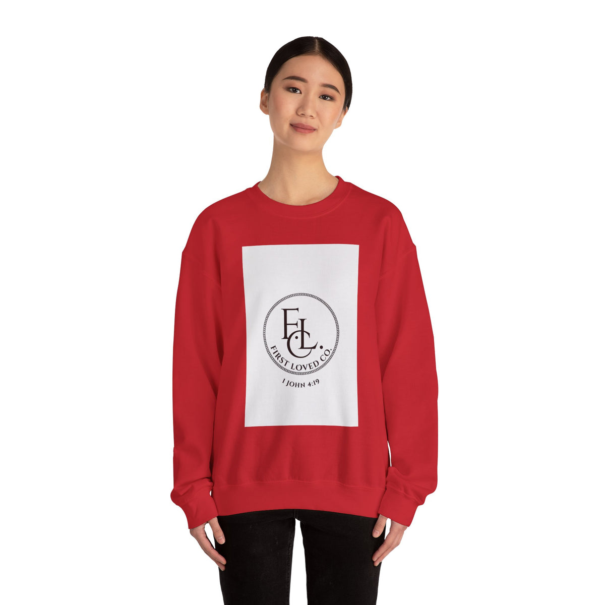 Crewneck Sweatshirt - First Loved Co. Logo with "1 John 4:19" Christian Apparel