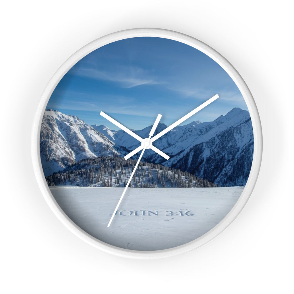 Mountain Snow Wall Clock — Scenic Alpine Landscape with 'John 3:16'