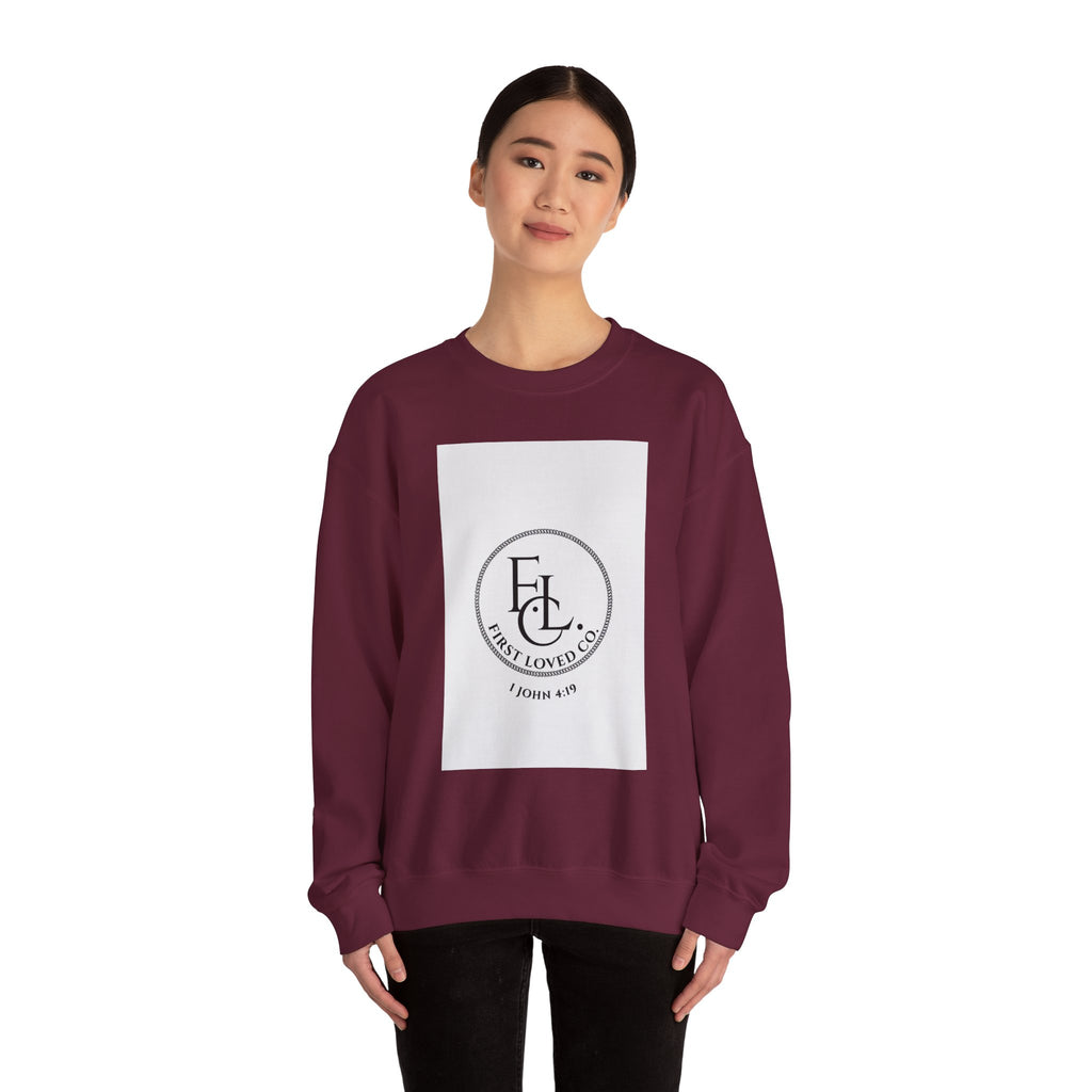 Crewneck Sweatshirt - First Loved Co. Logo with "1 John 4:19" Christian Apparel