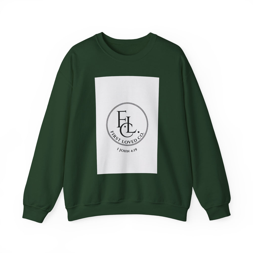 Crewneck Sweatshirt - First Loved Co. Logo with "1 John 4:19" Christian Apparel
