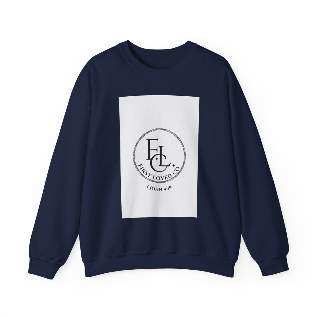 Crewneck Sweatshirt - First Loved Co. Logo with "1 John 4:19" Christian Apparel