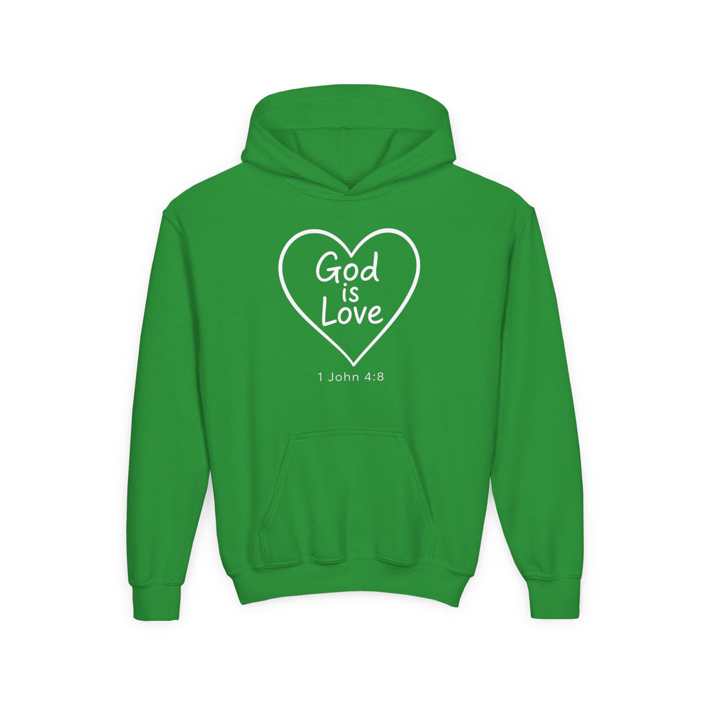Youth Hoodie — "God Is Love" Heart Bible Verse (1 John 4:8)