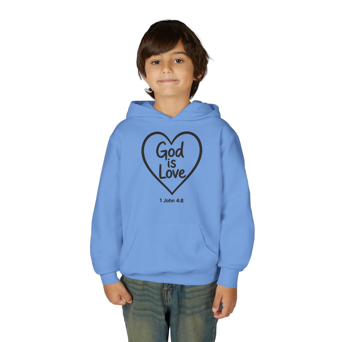 Youth Hoodie — "God Is Love" Heart Bible Verse (1 John 4:8)