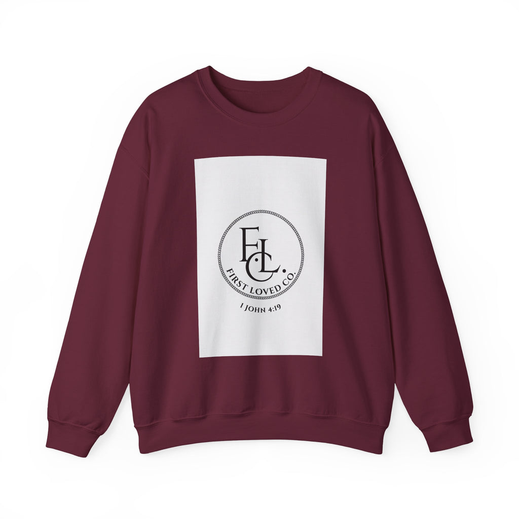 Crewneck Sweatshirt - First Loved Co. Logo with "1 John 4:19" Christian Apparel