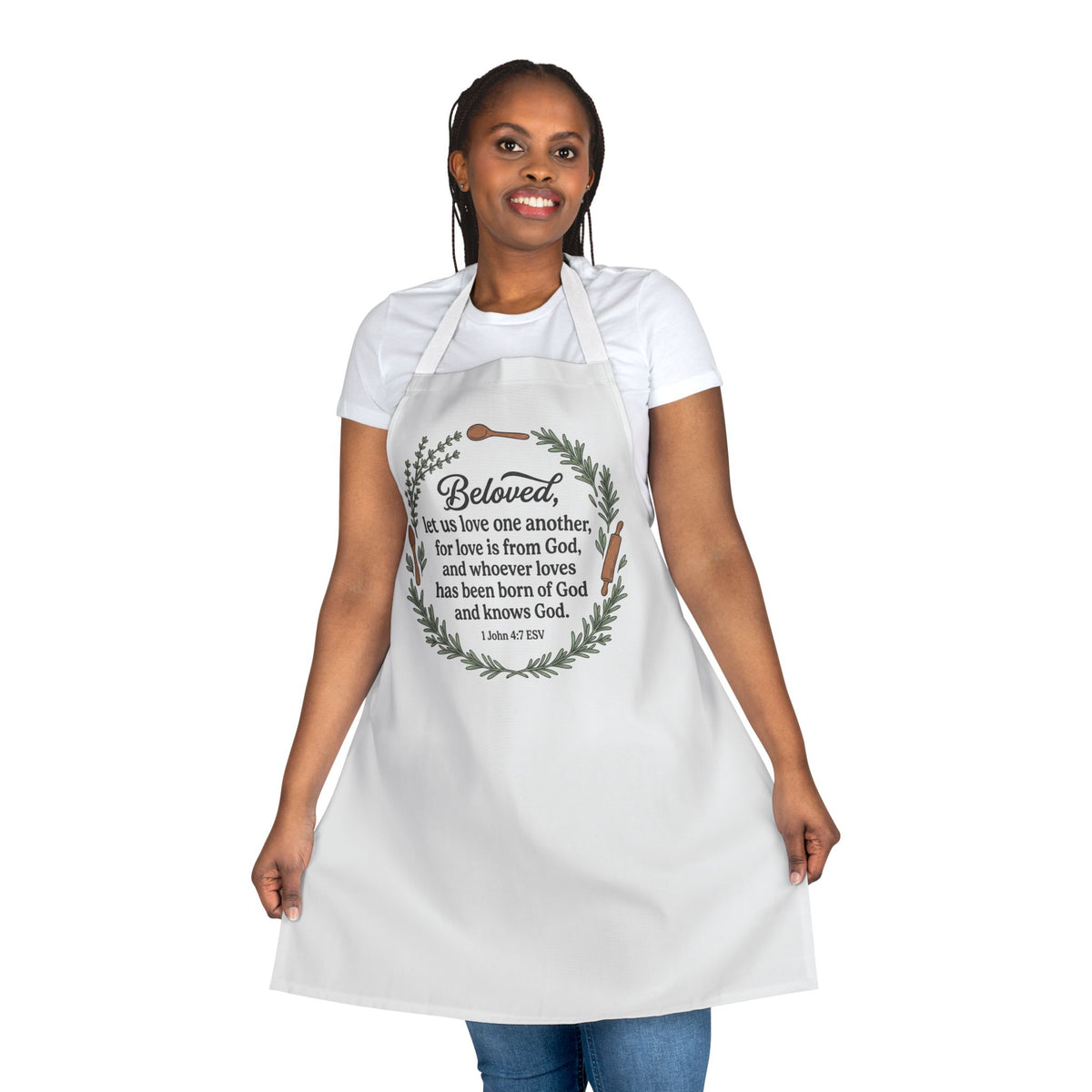 Biblical 'Beloved' Wreath Apron — Christian Scripture Cooking Apron (1 John 4:7)