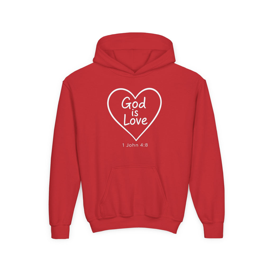 Youth Hoodie — "God Is Love" Heart Bible Verse (1 John 4:8)