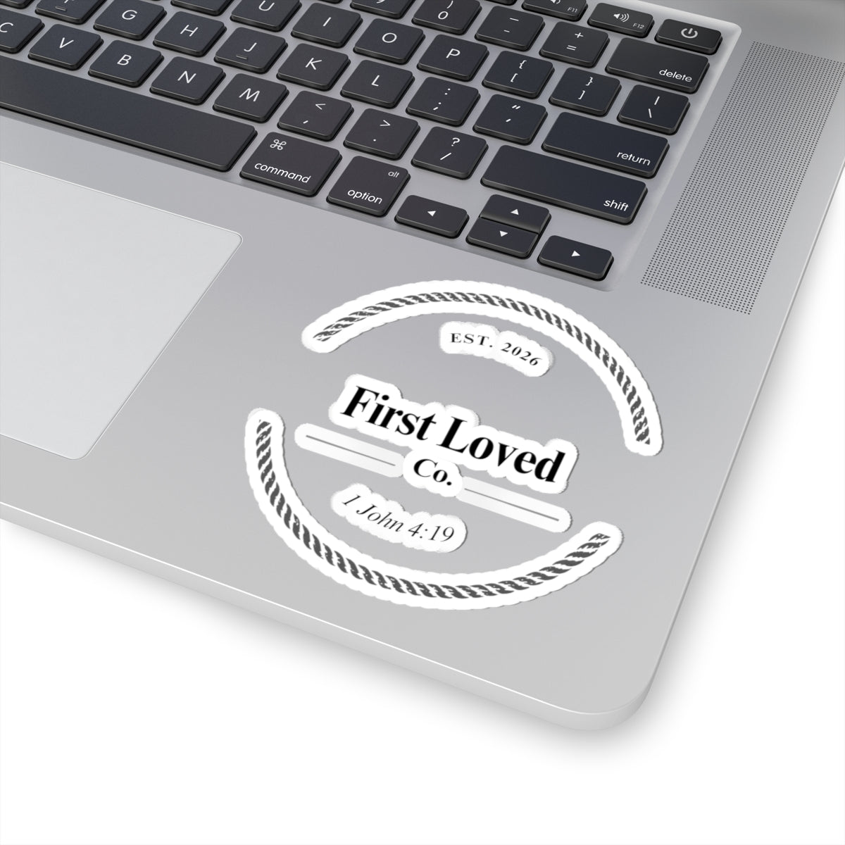 Faith Logo Kiss-Cut Sticker — 1 John 4:19 Minimal Vinyl Decal