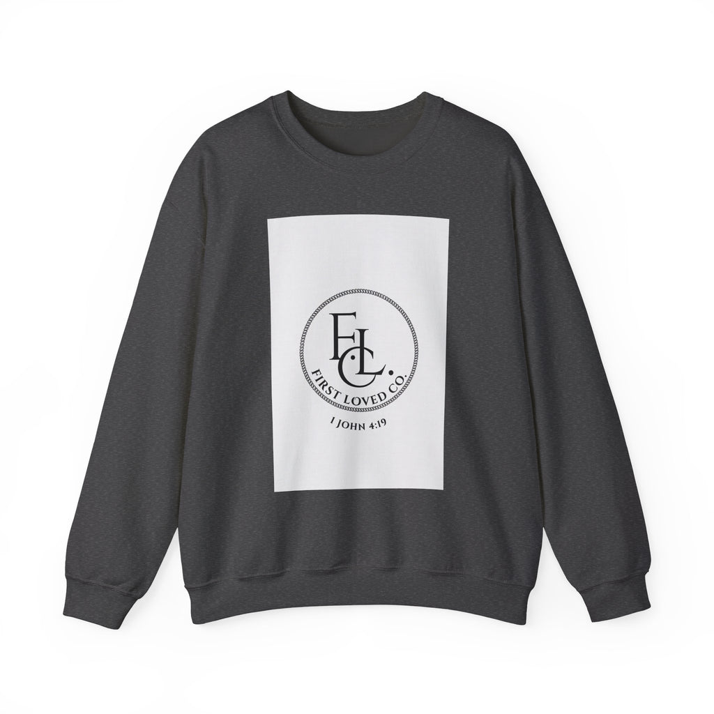 Crewneck Sweatshirt - First Loved Co. Logo with "1 John 4:19" Christian Apparel