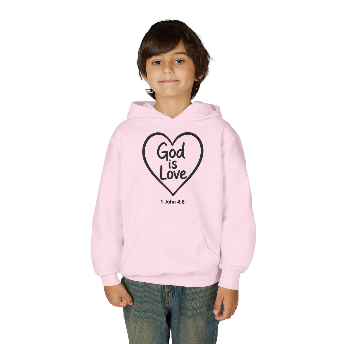 Youth Hoodie — "God Is Love" Heart Bible Verse (1 John 4:8)