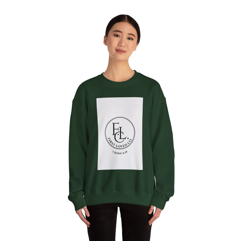 Crewneck Sweatshirt - First Loved Co. Logo with "1 John 4:19" Christian Apparel