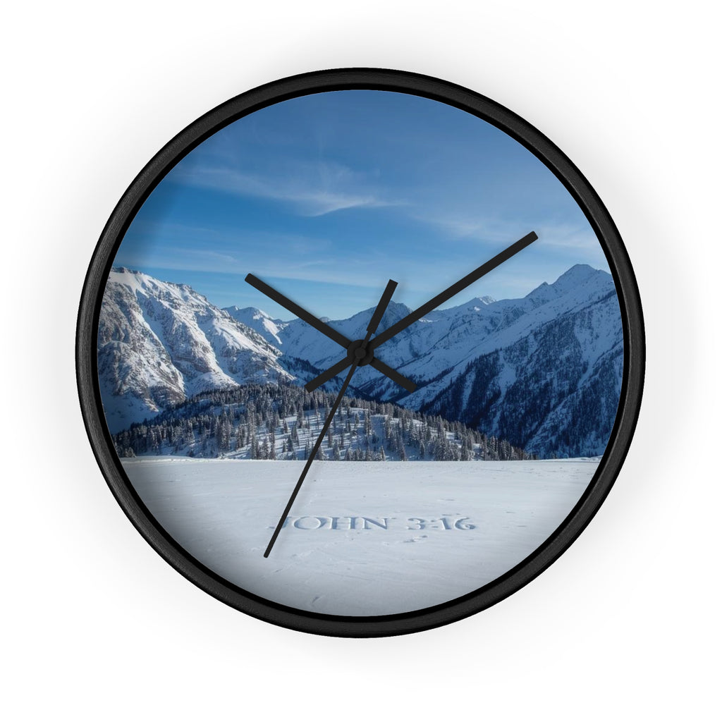 Mountain Snow Wall Clock — Scenic Alpine Landscape with 'John 3:16'