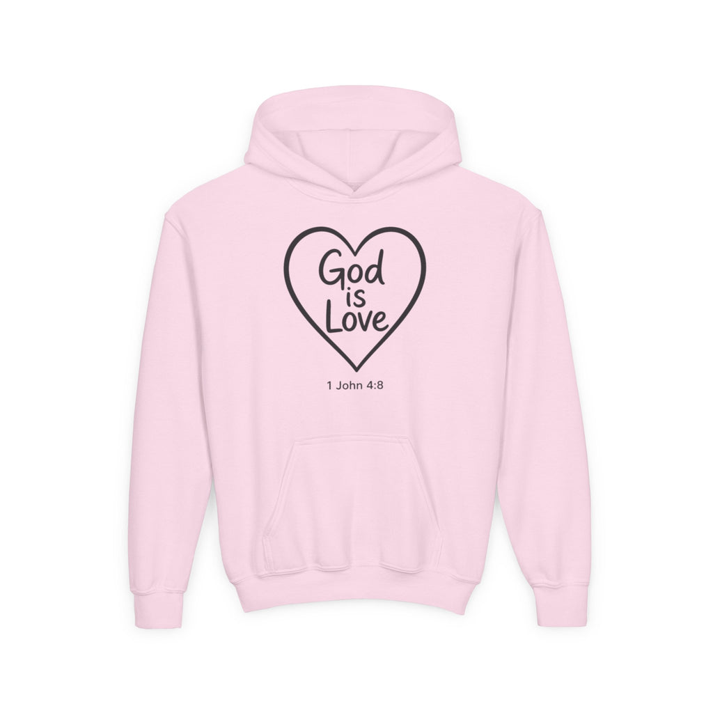 Youth Hoodie — "God Is Love" Heart Bible Verse (1 John 4:8)
