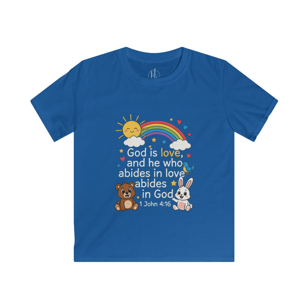Kids Tee — 1 John 4:16 'God Is Love' Rainbow & Cute Animals Christian Shirt