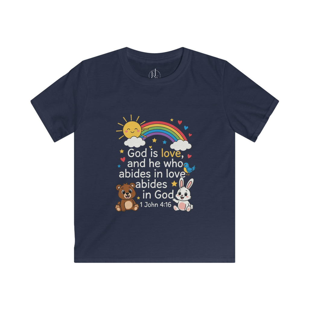 Kids Tee — 1 John 4:16 'God Is Love' Rainbow & Cute Animals Christian Shirt