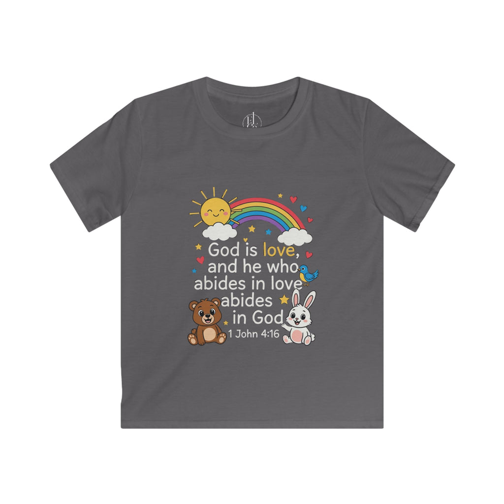 Kids Tee — 1 John 4:16 'God Is Love' Rainbow & Cute Animals Christian Shirt