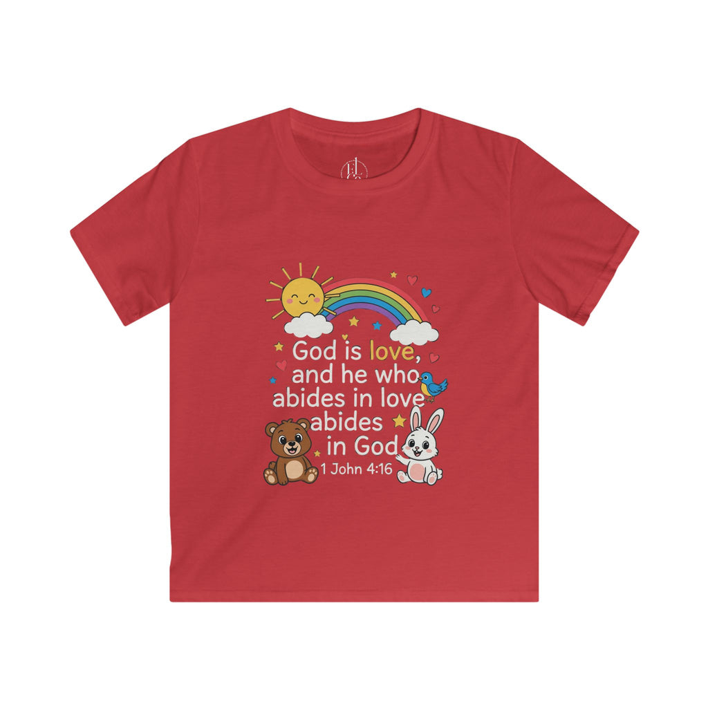 Kids Tee — 1 John 4:16 'God Is Love' Rainbow & Cute Animals Christian Shirt